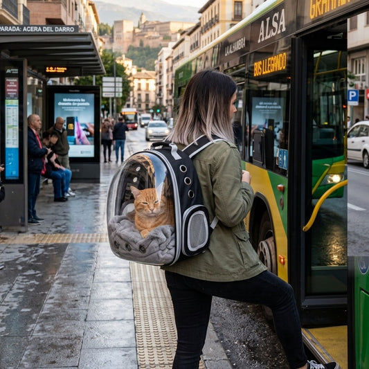 Woman carrying GAT Urban Carrier cat backpack while boarding a city bus with her cat