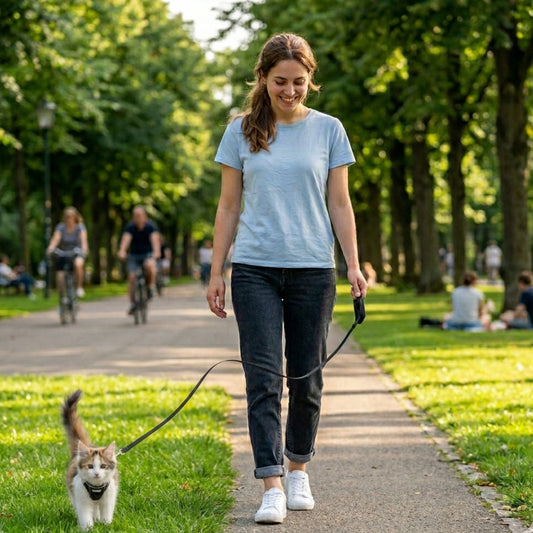 Girl walking her cat outdoors with a GAT mesh harness and leash