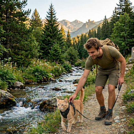 Cat wearing GAT soft vest harness outdoors – secure and comfortable fit