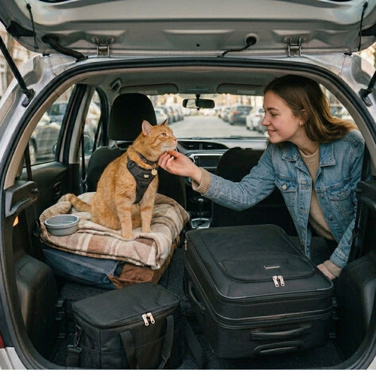 Woman placing GAT Travel Kit cat organizer bag in car trunk — travel lifestyle