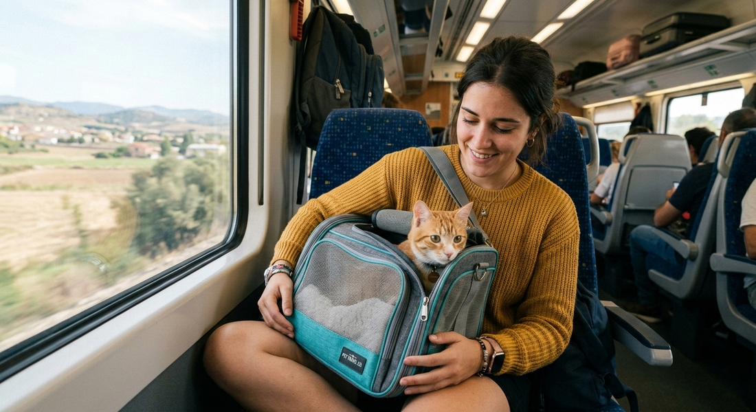 Woman smiling at her orange cat peeking out of a travel carrier on a train