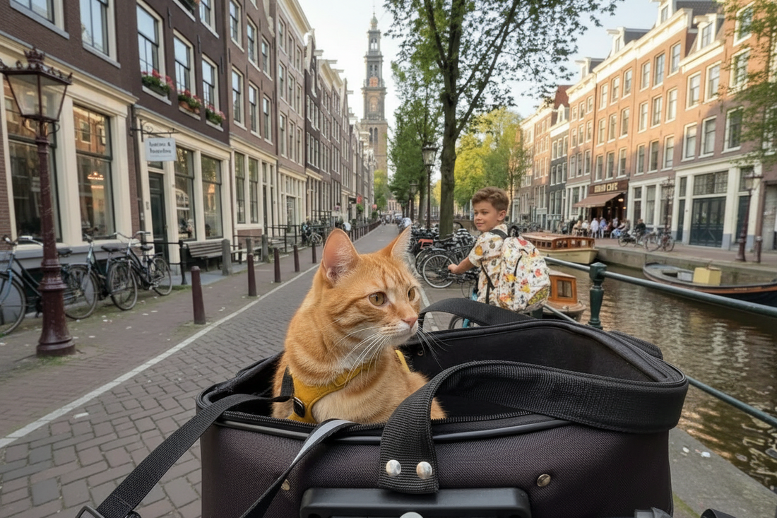 Orange cat wearing a yellow harness sitting in a bicycle basket along an Amsterdam canal"