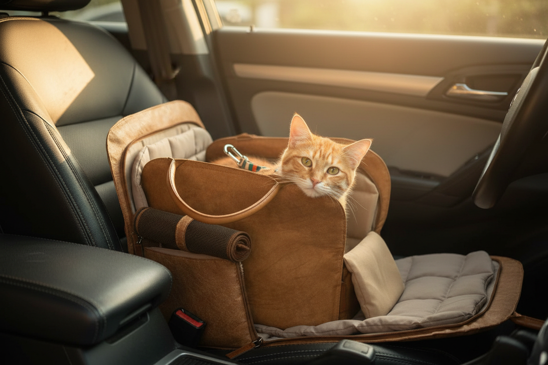 Calm cat wearing a harness inside a GAT travel carrier bag secured to a car seat, looking relaxed during travel
