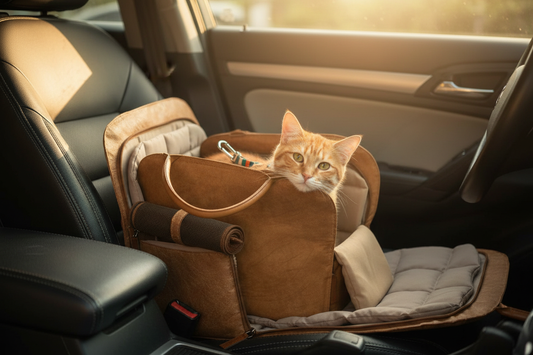 Calm cat wearing a harness inside a GAT travel carrier bag secured to a car seat, looking relaxed during travel