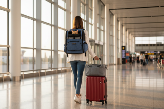 Woman walking through airport terminal with GAT Trek cat backpack carrier and travel organizer on suitcase
