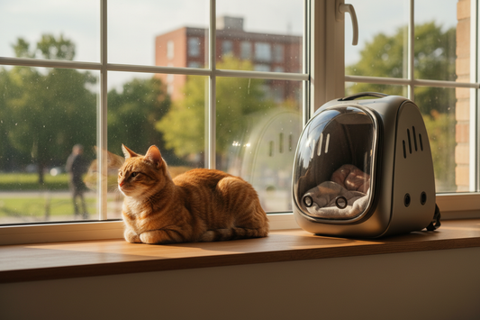Orange tabby cat sitting on a windowsill looking outside, with a cat backpack carrier beside him — GAT Original