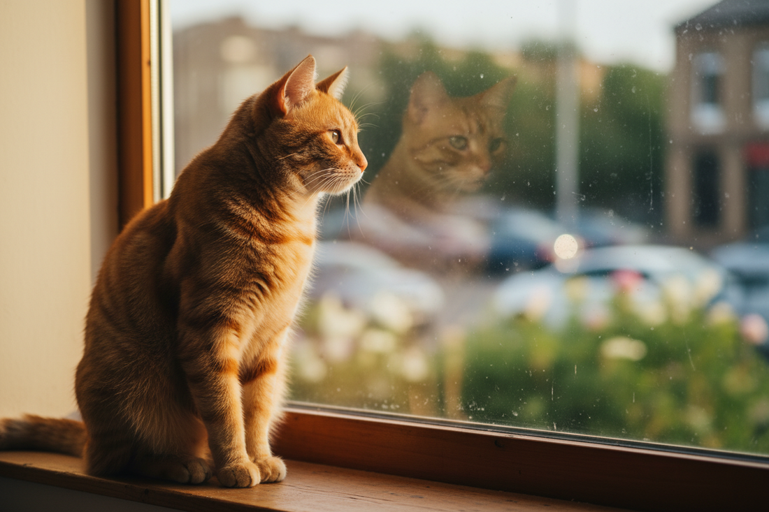 Orange cat looking out the window, curious about the outside world
