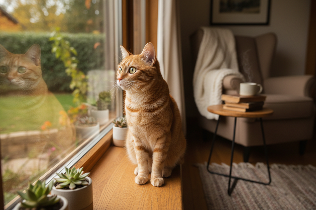 Curious orange tabby cat sitting on a windowsill looking outside, representing an indoor cat's curiosity about the outside world