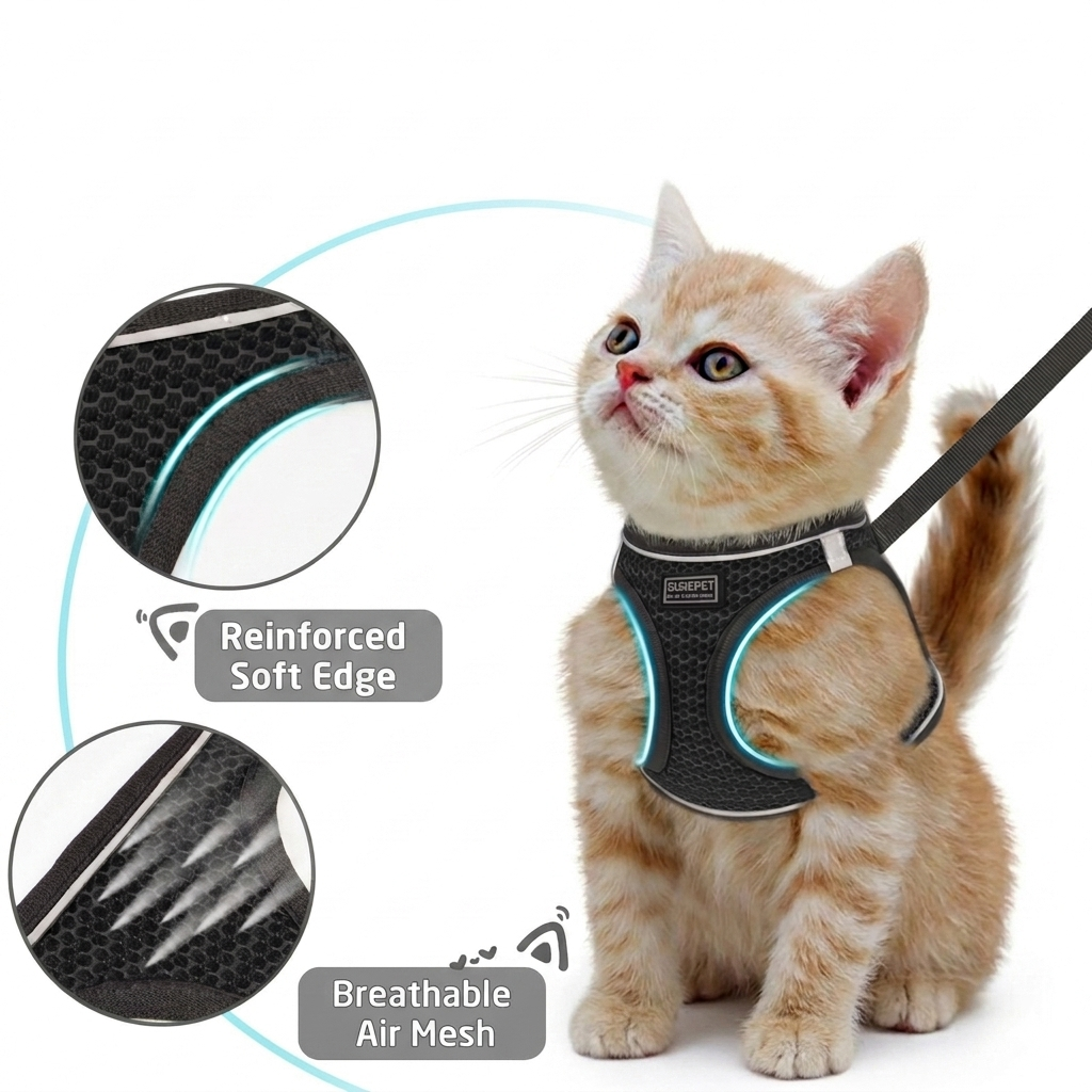  GAT cat harness features – breathable mesh and secure buckles