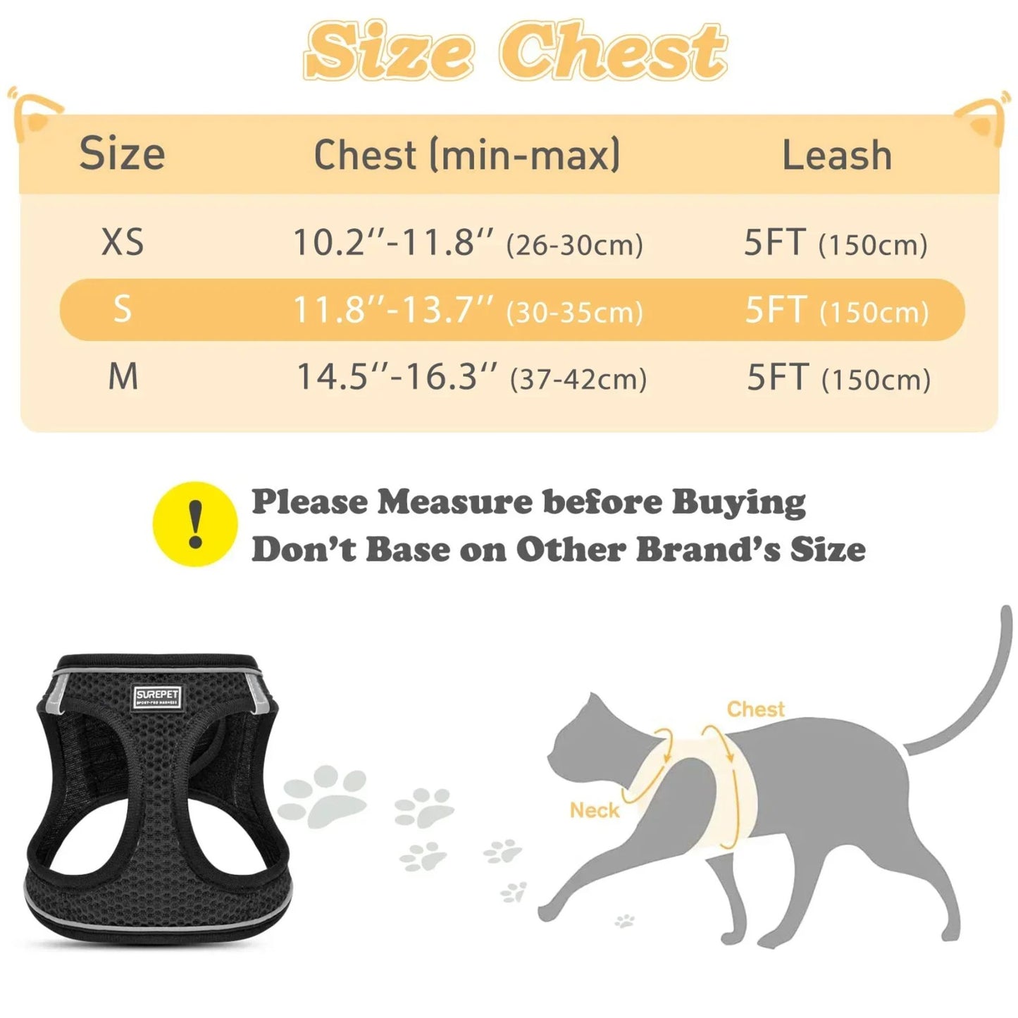 Size guide for GAT escape-proof cat harness – XS, S, M measurements
