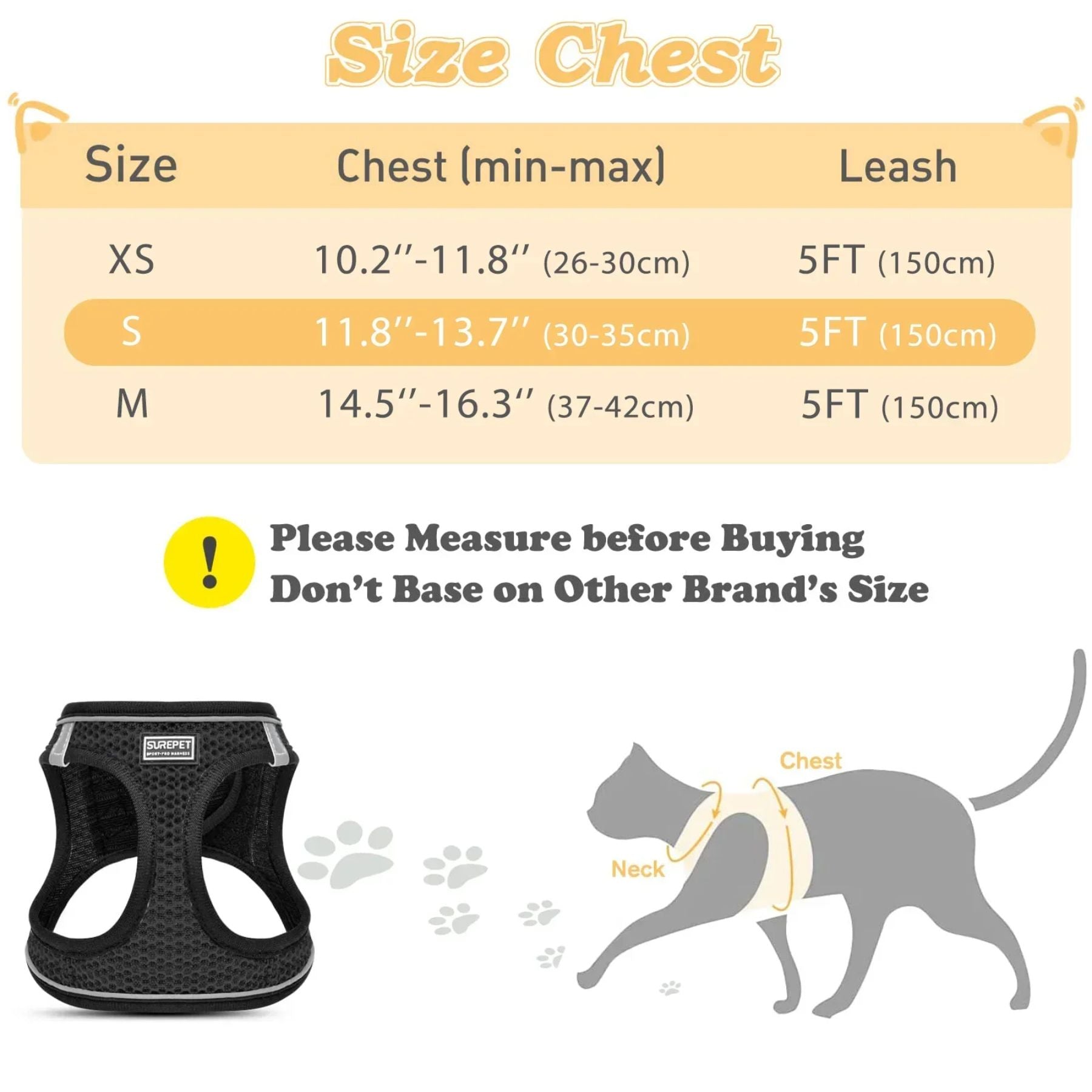 Size guide for GAT escape-proof cat harness – XS, S, M measurements