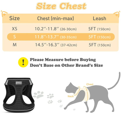 Size guide for GAT escape-proof cat harness – XS, S, M measurements