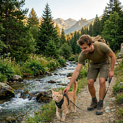 Cat wearing GAT soft vest harness outdoors – secure and comfortable fit