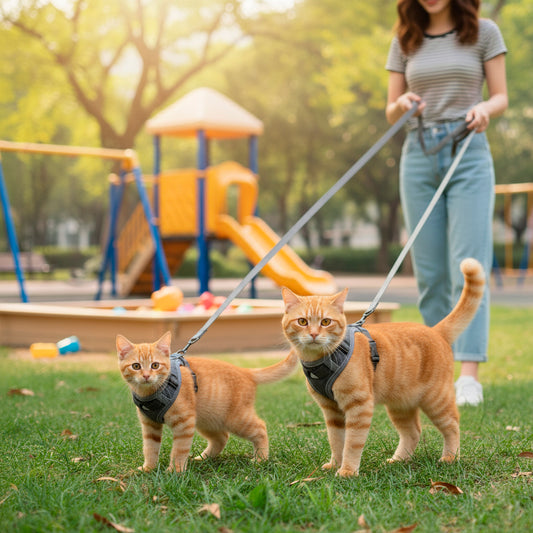 Cat wearing GAT Explorer Harness outdoors in the park – Safe and comfortable for walks