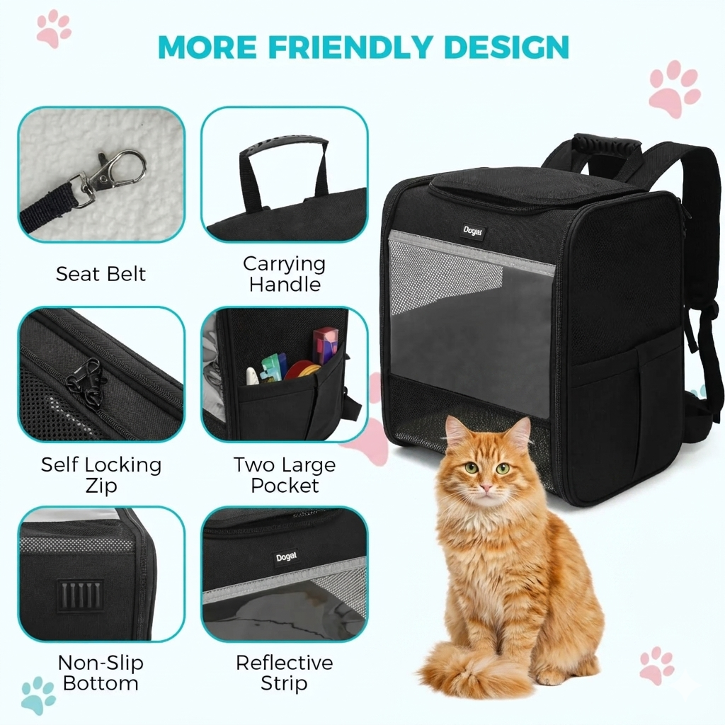 GAT cat backpack design features infographic showing ventilation and access points