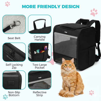 GAT cat backpack design features infographic showing ventilation and access points