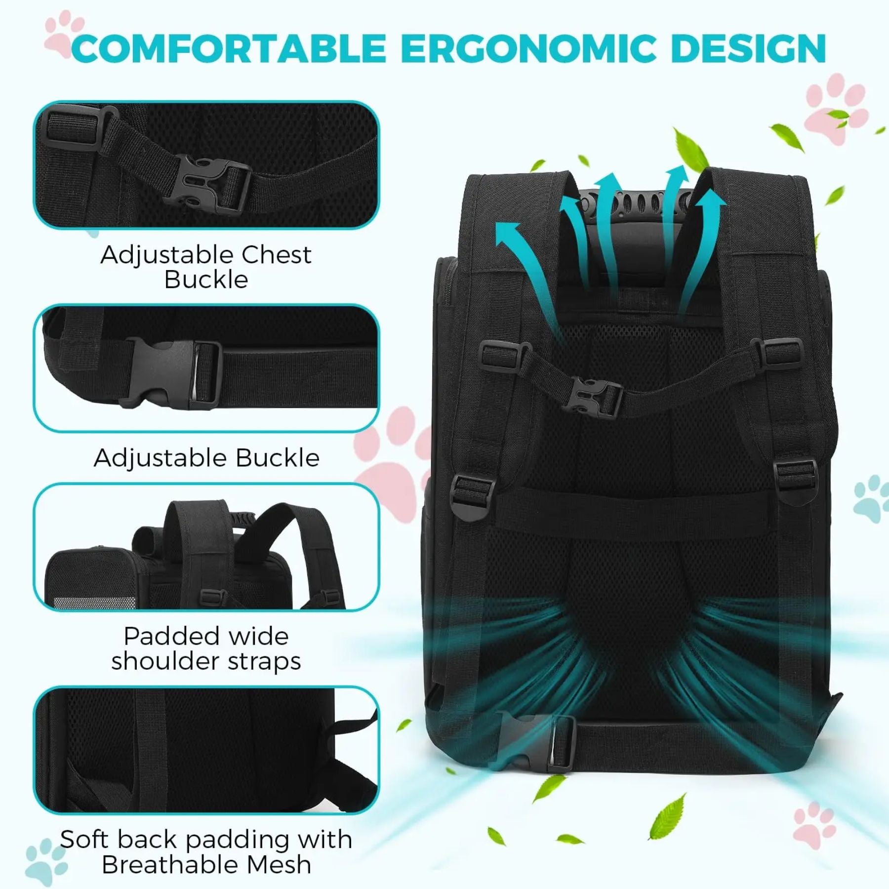 GAT Explorer backpack ergonomic padded straps and structure infographic