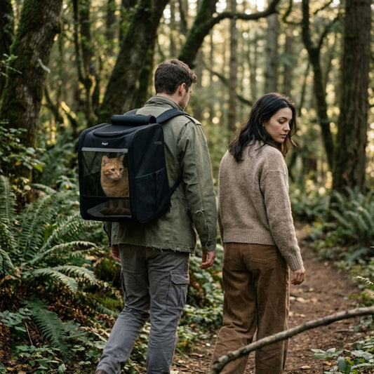 Person hiking in forest wearing GAT Explorer cat carrier backpack