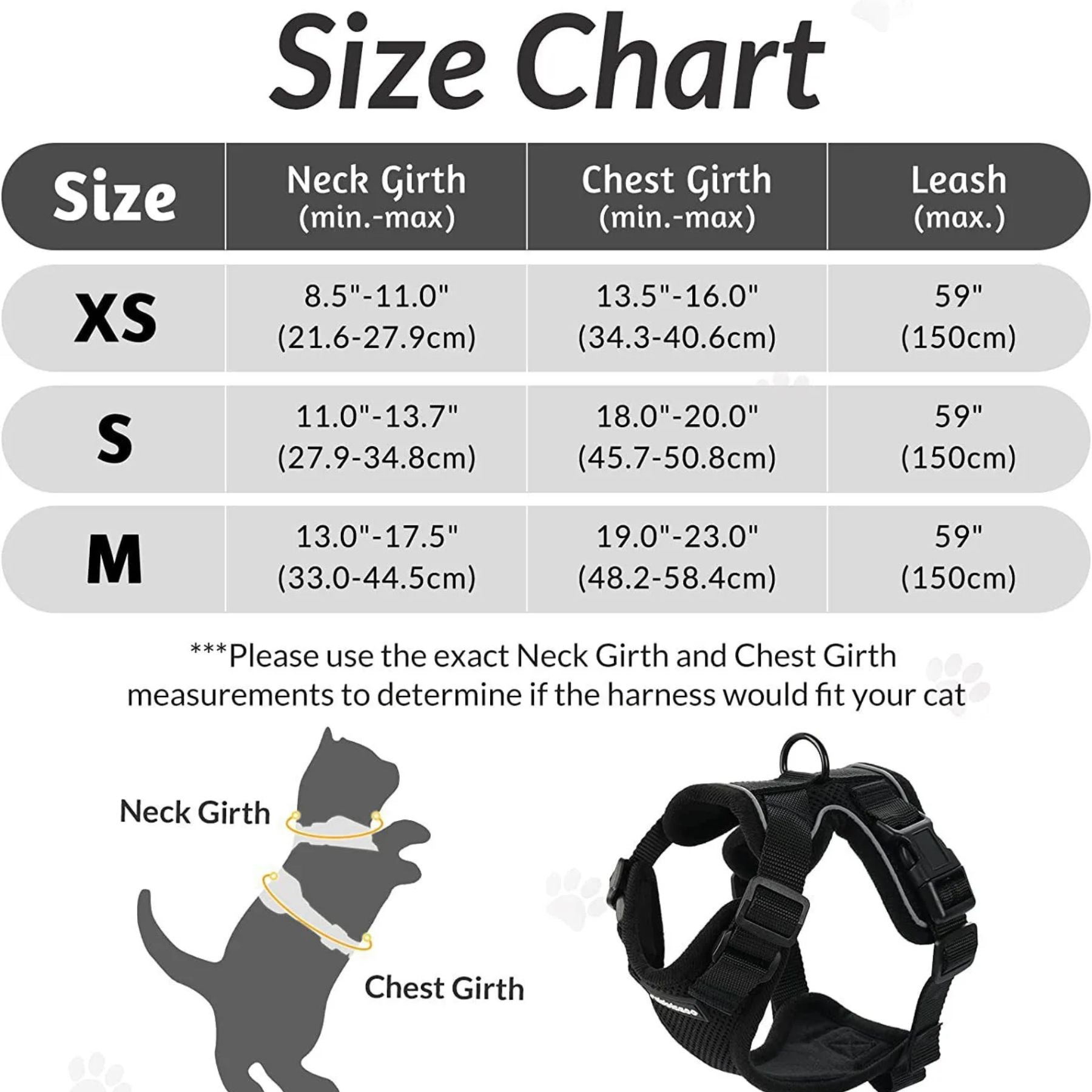 Size guide for GAT soft vest cat harness – XS (1.5-4KG) and S (4-7.5KG)