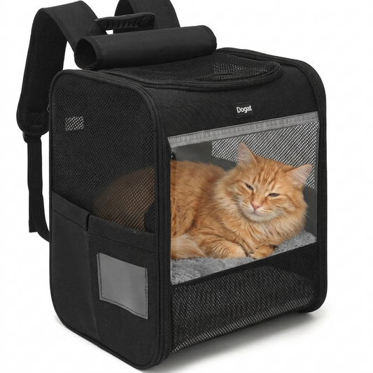 GAT Explorer cat backpack carrier with orange cat inside, breathable mesh front panel